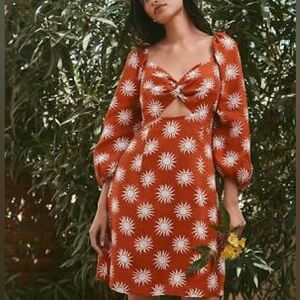 LOFT Red Long Sleeve Dress with White Floral Pattern